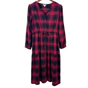Knox Rose Women's Dress Red Flannel Plaid Tiered Drawstring Waist Maxi Size M